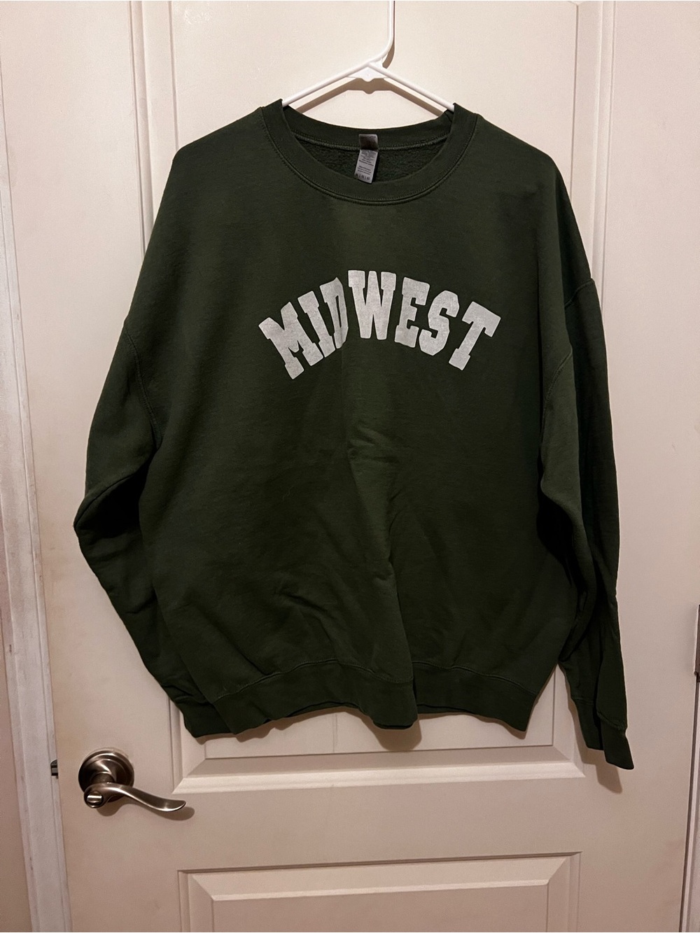 Gildan Dark Olive Crewneck Sweatshirt with WHITE MIDWEST Print